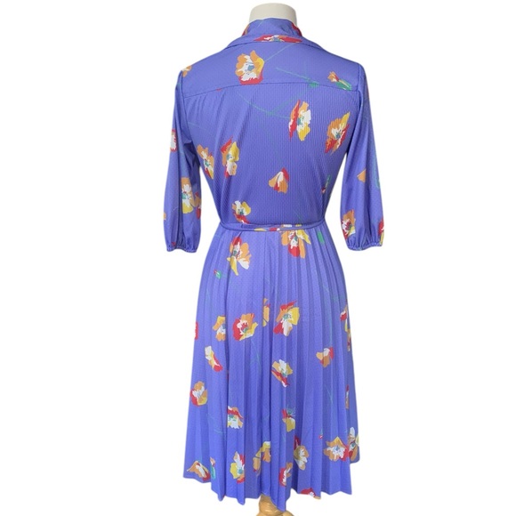 Vintage blue floral pleated pleated midi dress with fabric belt approx medium - Picture 6 of 9
